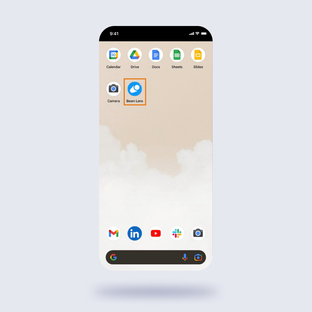 Beam Lens icon highlighted on an android home screen filled with other apps