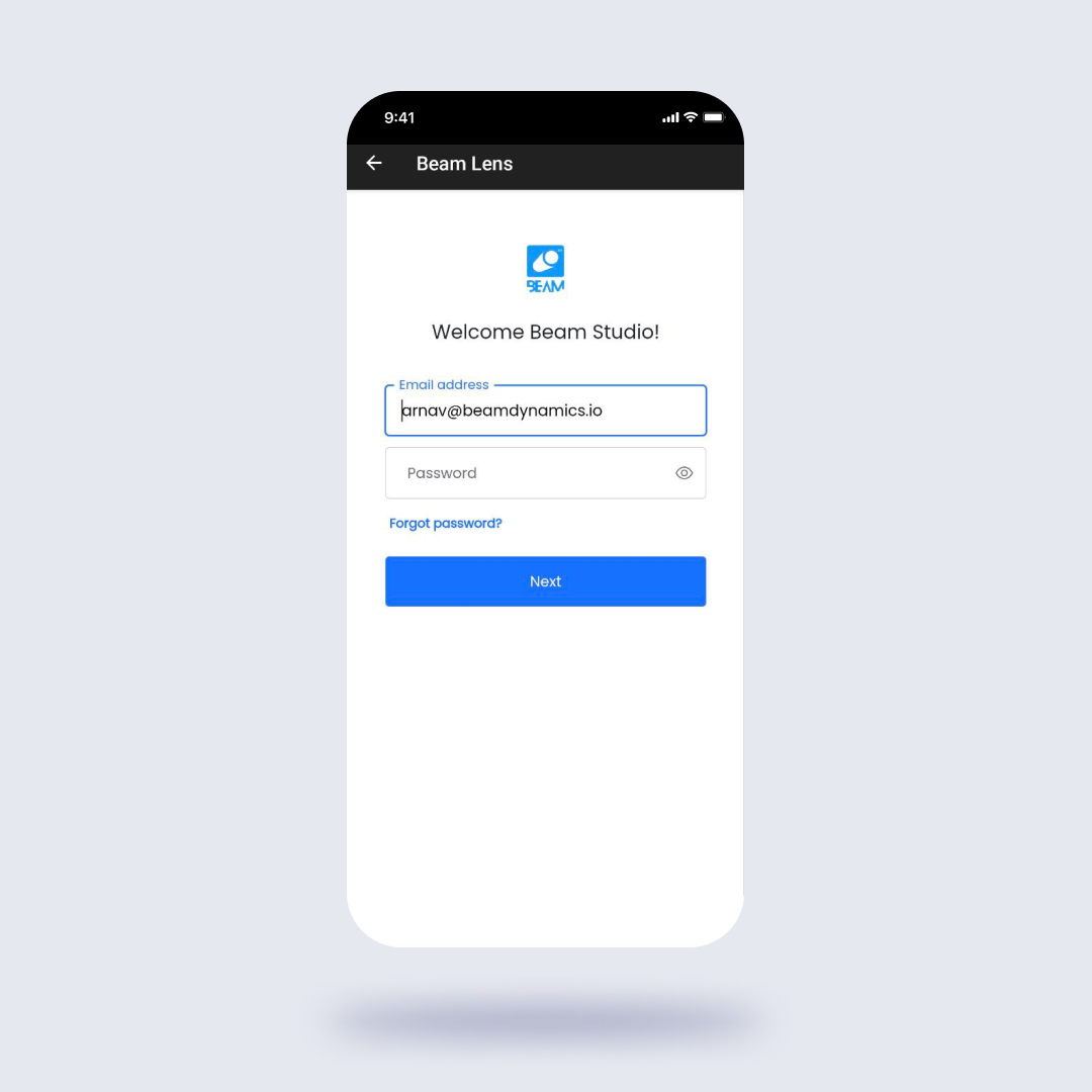 mobile login page prompting user to login to Beam