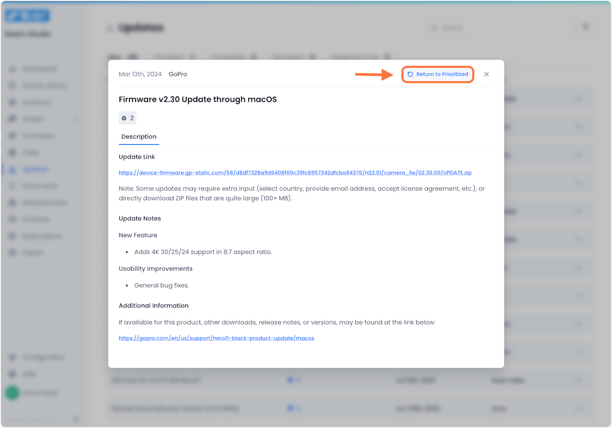 If for any reason, you want to bring the update back to the list of updates that needs to be acted upon, click on the return button to bring it back.