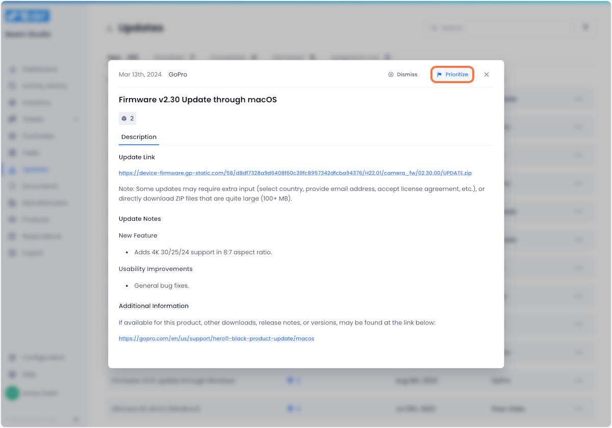 In the top right of the Update popup, click on the prioritize button.