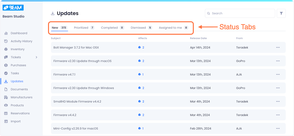 On the updates page you will see a list of updates that Beam's algorithm has detected, organized in tabs based on what actions have been taken on that update.