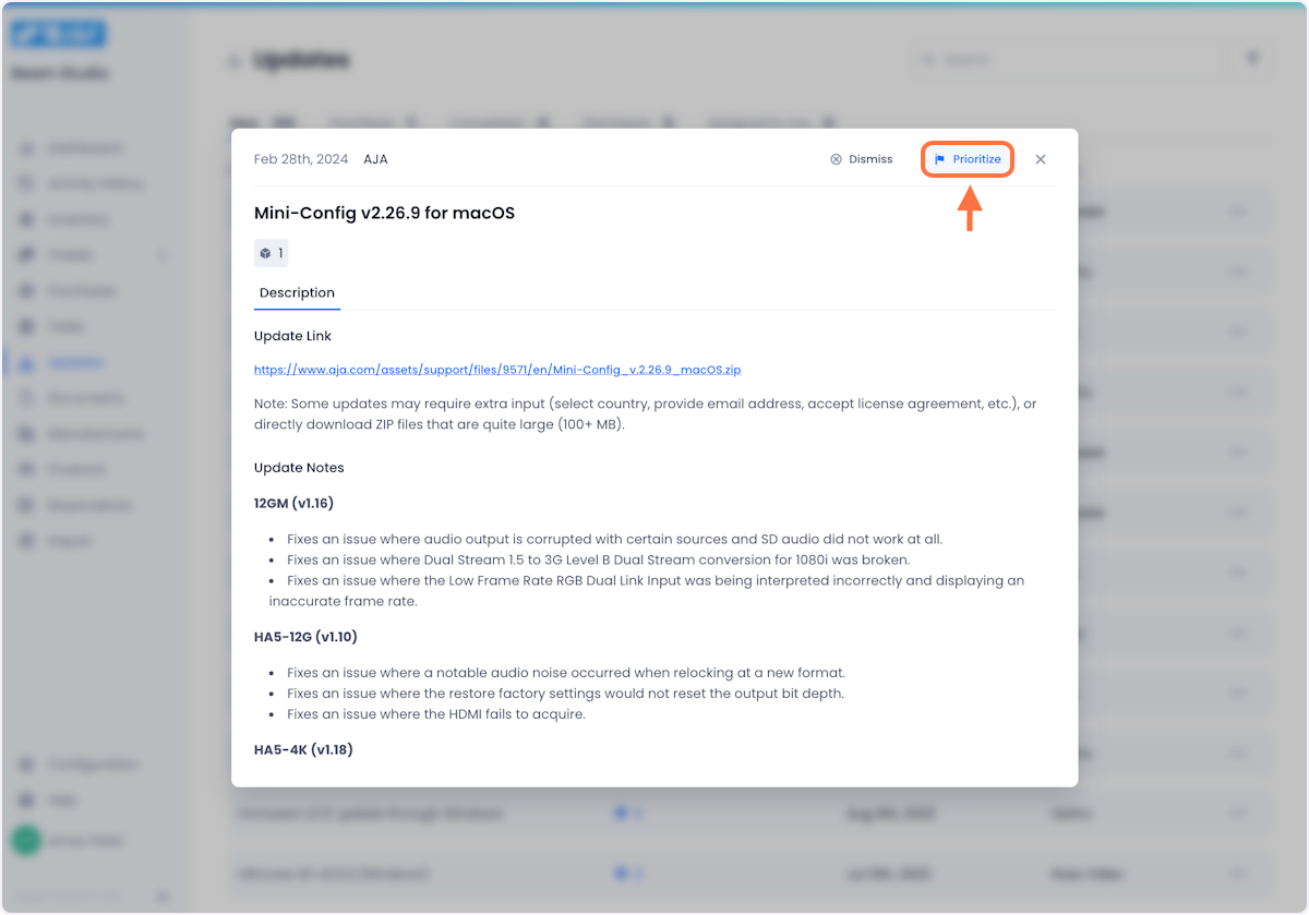 To prioritize an update for work, click on the Prioritize button in the top right of the popup.