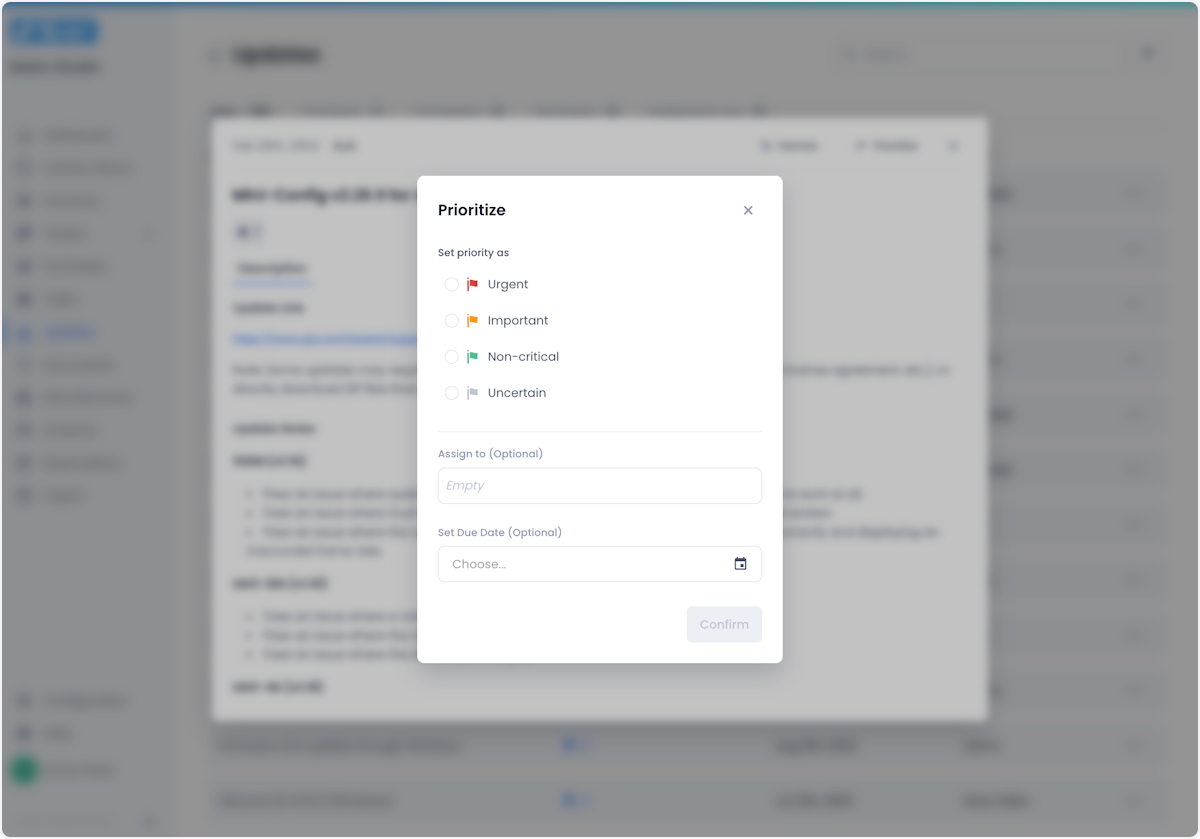 Doing so will open a popup where you can set the Updates priority status, assign it to a teammate, and set a due date for it.