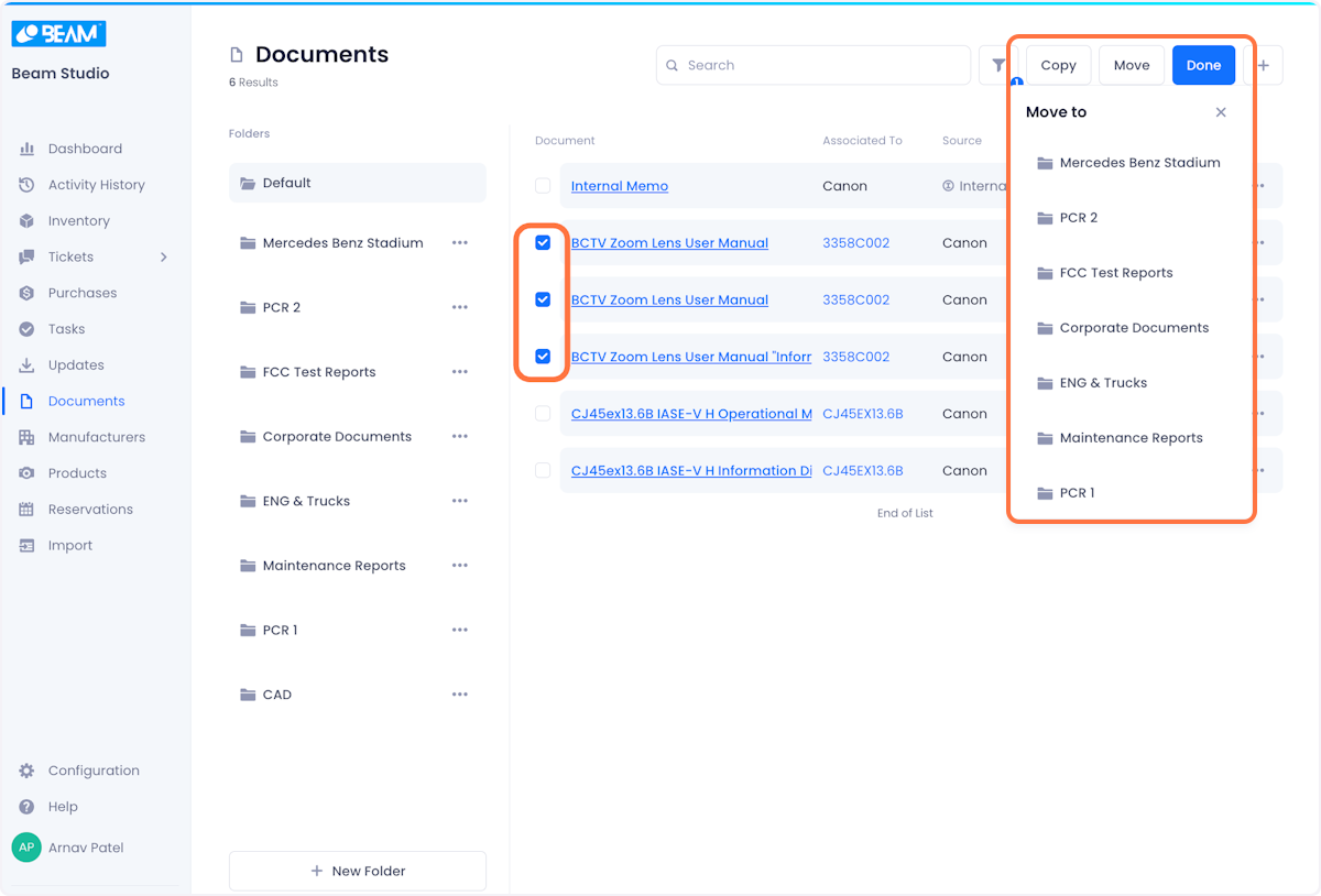 You can Move or Copy documents to a different folder by selecting them using the checkboxes on the left side of the Documents table, and then using the Copy and move dropdowns at the top right of the page to select the folder you want to move or copy the them to.