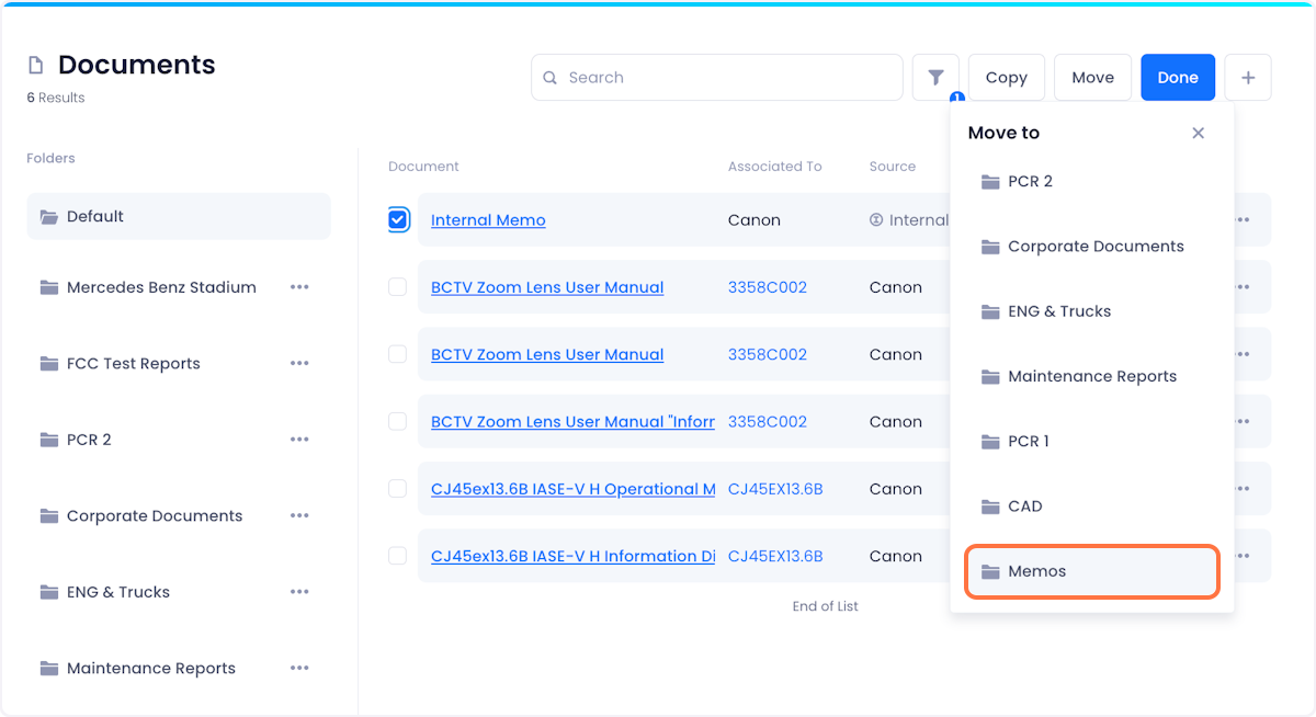 From the dropdown that appears, select the folder you want to move the document to. Your document will automatically be moved to the selected folder.