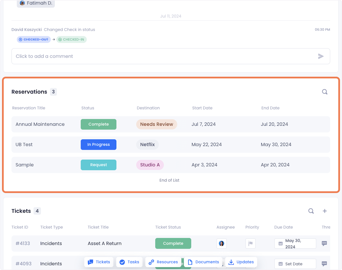 Simply scroll to the reservations section of a given asset page. This section will show you all reservations that are related to the asset whose page you are on.