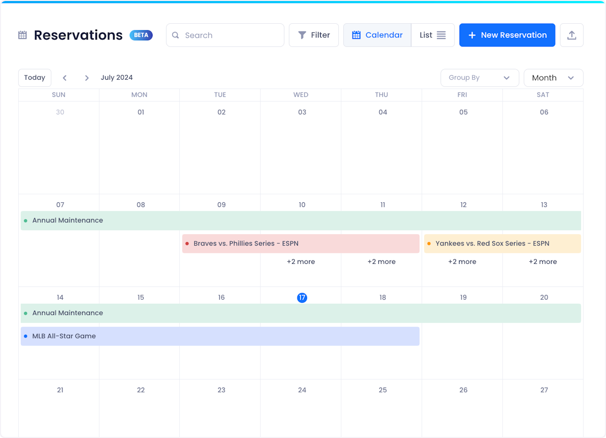 The calendar view view lets you see how past, present and future reservations are distributed across time making it easy for you to plan projects.