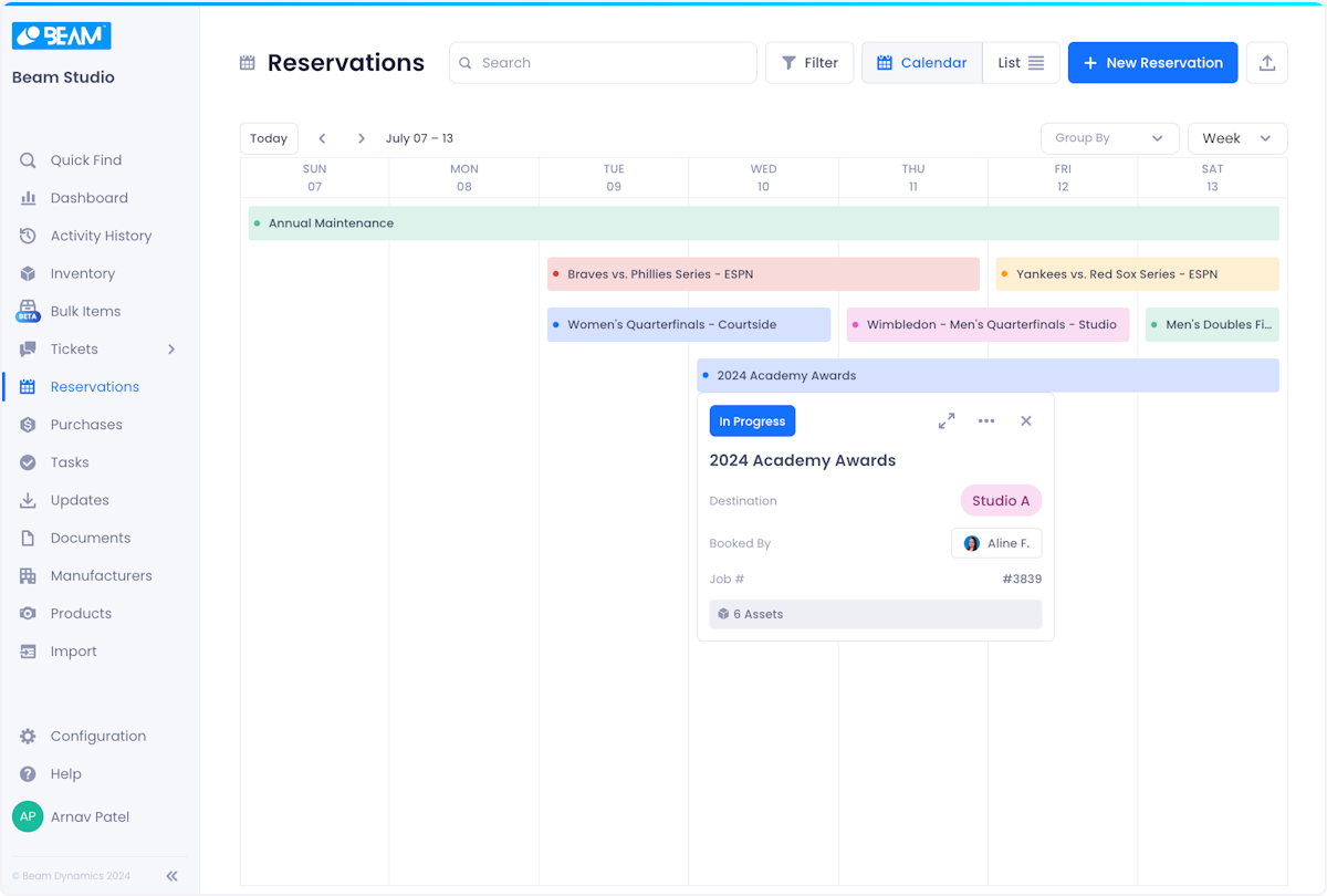 To access additional details about a reservation in calendar view, hover over it for additional details or click on the reservation to open up the edit/view modal.