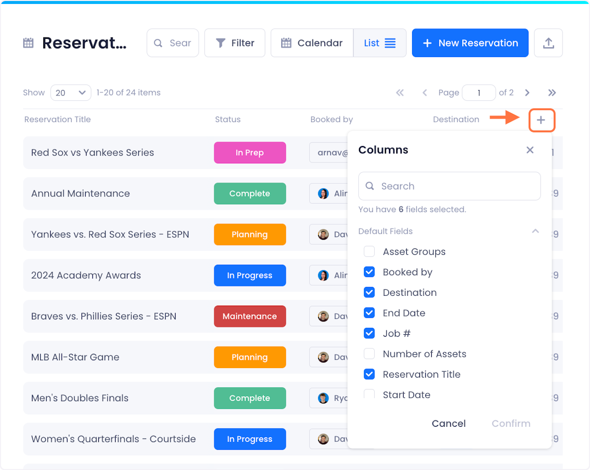 You can customize the Reservations list by clicking the plus button in the top right of the screen and checking/unchecking the columns you want to make visible.