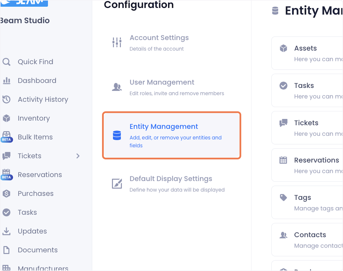 Click on Entity Management on the configuration page.