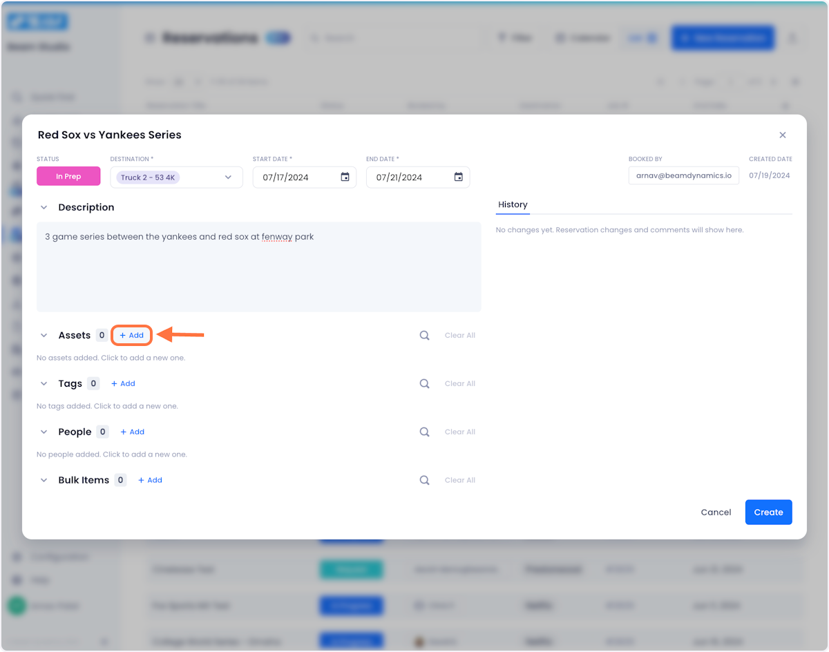 Next, you are ready to add assets to the reservation. To do this click on the Add button at the top of the assets section of the reservation.