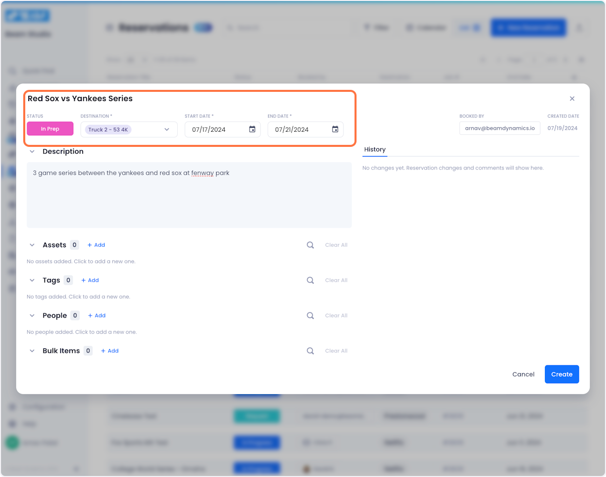 Doing so will open a modal where you can configuring the basic details associated with your reservation. Give your reservation a name, status and description. Set a destination for the status and give the reservation a start and end date