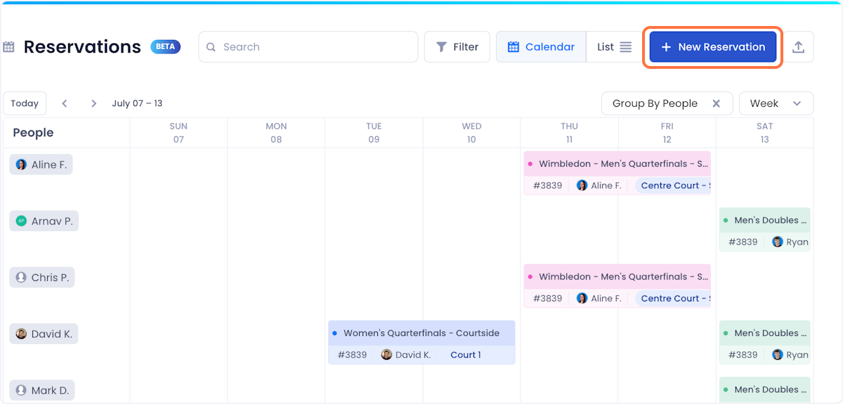 To create a new reservation, click on New Reservation at the top right of the Reservations page.