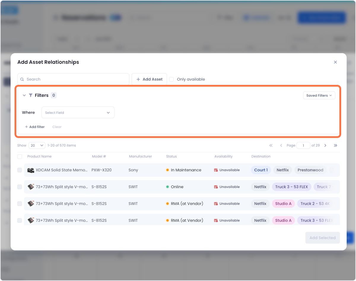 To make it easier to find assets, you can use your filters from the inventory page in the Add Assets modal. This includes any saved filters you have previously made.