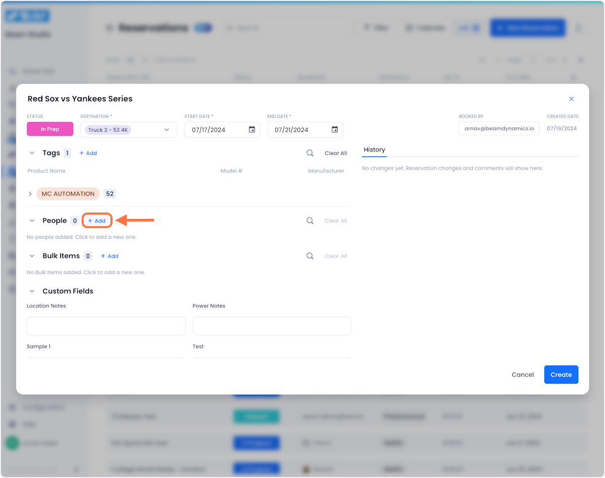 After adding your tags, you are ready to add people to your reservation. Click on the Add button at the top of the people section of your reservation.