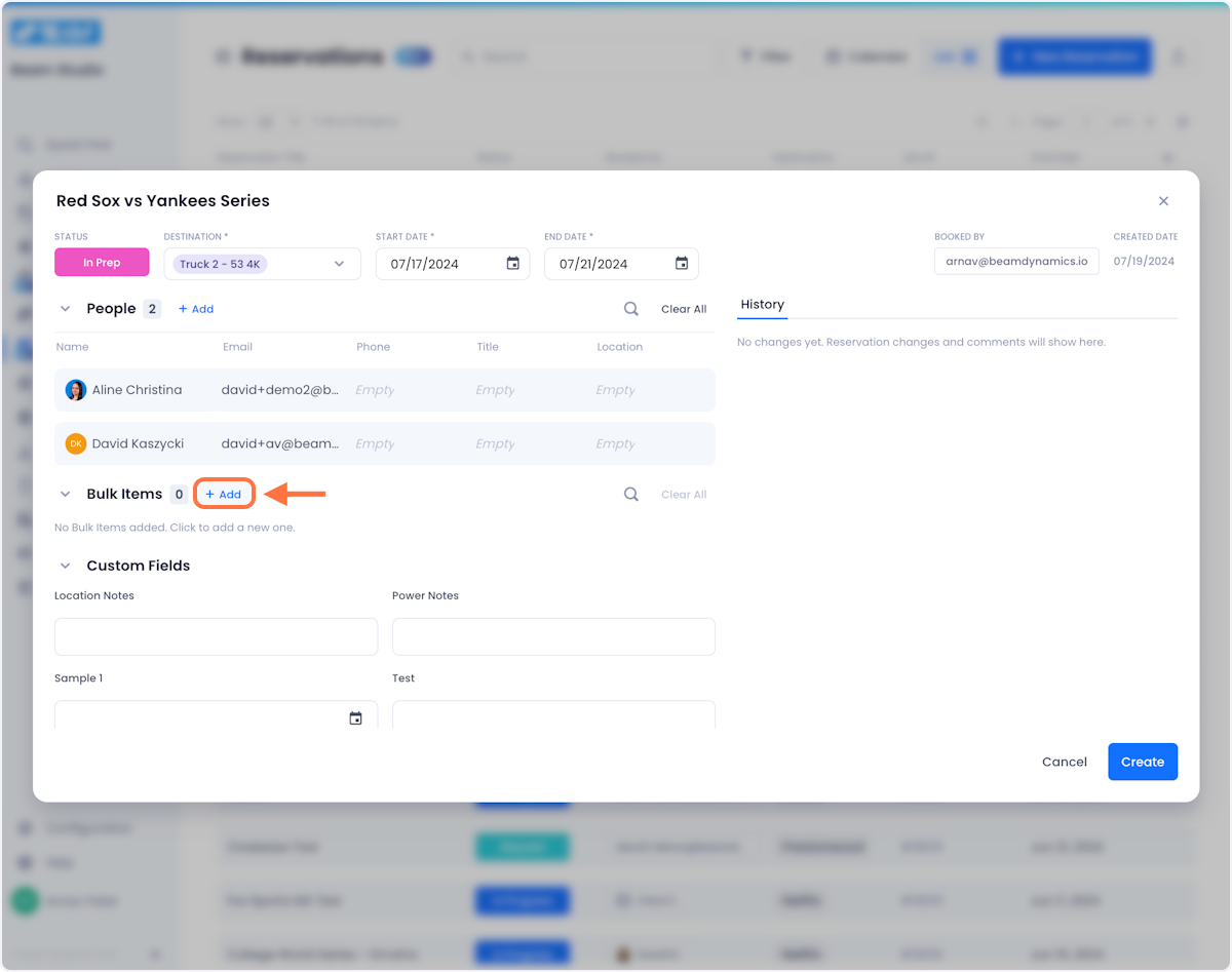 Next, you can add bulk items to your reservation. To begin, click the Add button at the top of the Bulk Items section.