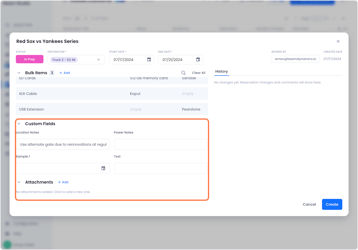 With all the resource relationships set, the last step to configuring your reservation is to set values for your custom fields and if needed add attachments to the reservations.