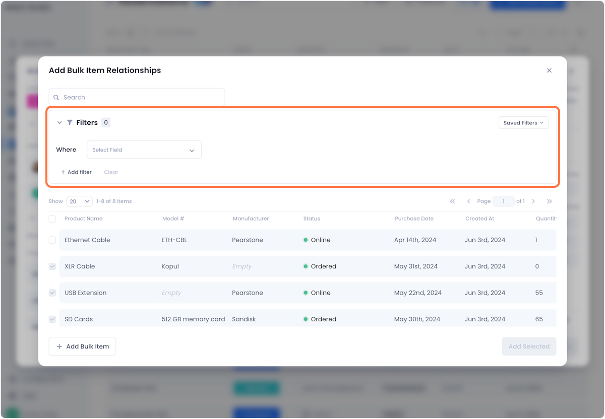 Like with assets, we have added the ability to use your filters from the inventory page in the Add Assets modal. This includes any saved filters you have previously made.