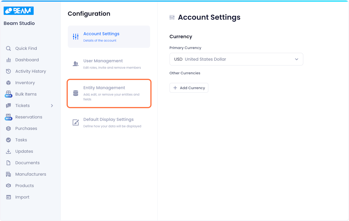 Click on Entity Management in the Configuration menu.