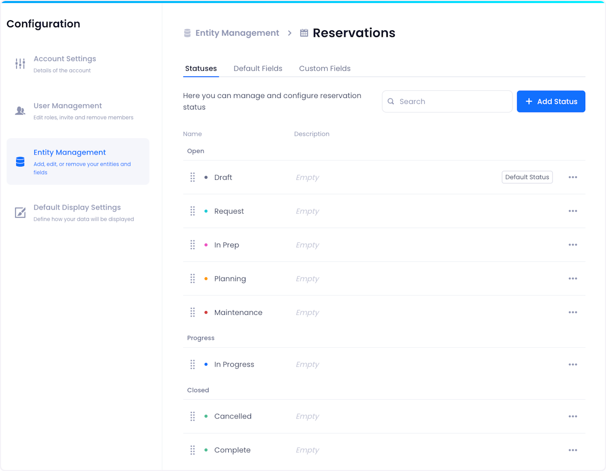 You will be taken to a screen where you can view, create and edit your reservation statuses.