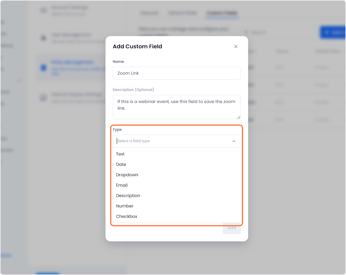 Next, give the field a type. this will define what sort of data it will store. Based on your selection Beam will automatically adjust the data validation and input UI for the field (e.g. if you select a date type, the input UI for the field will be a calendar).