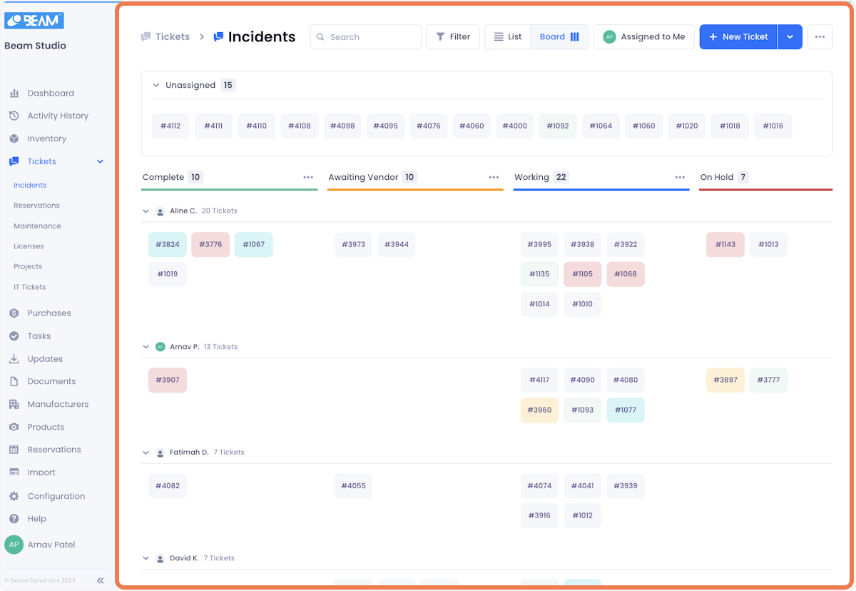 The page will be reloaded as a Kanban board with unassigned tickets at the top and the remaining tickets distributed across columns corresponding to their status.