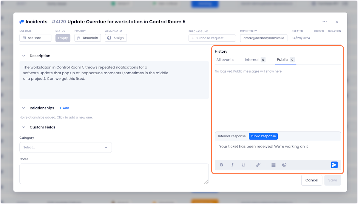 You can respond to tickets created via email using the Public response feature in the ticket. To learn more about this feature, check our documentation on the topic.