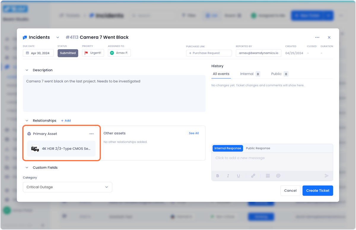 Your asset will now be associated with the ticket as a Primary Asset