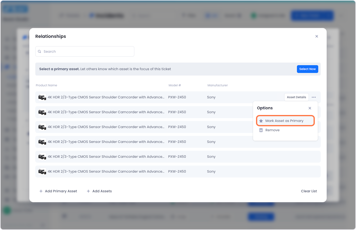 From the dropdown, click Mark Asset as Primary