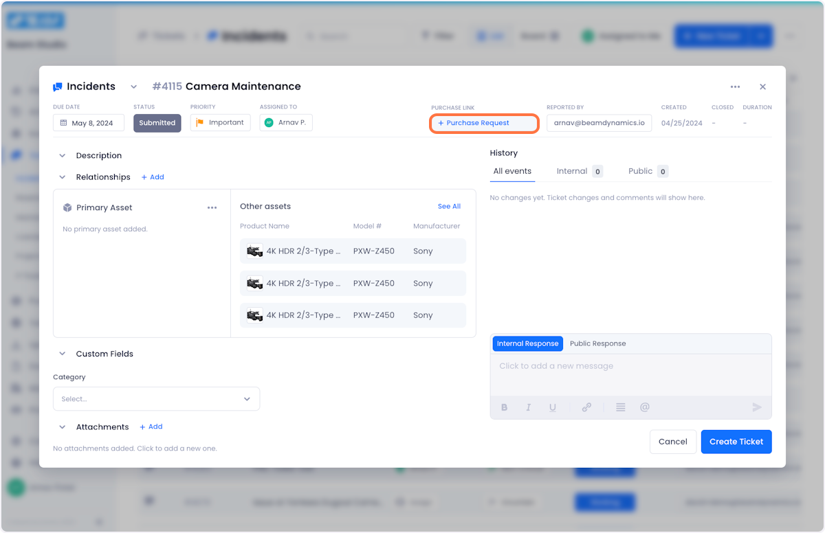 If you want to link your ticket to a purchase, you can do so by clicking the "+ Purchase Request" button.
