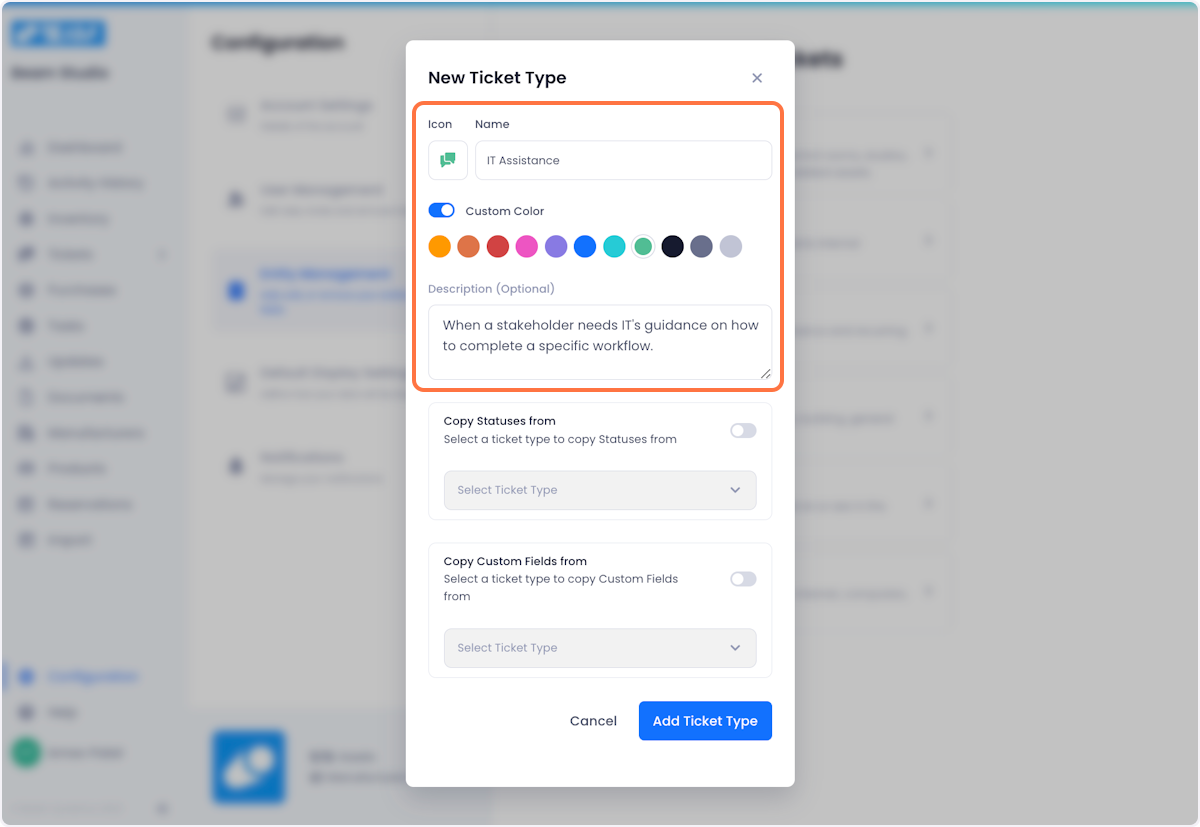 A popup will appear where you can configure your ticket type. Give your Ticket Type a Mame, Description, and a Custom Color (optional).