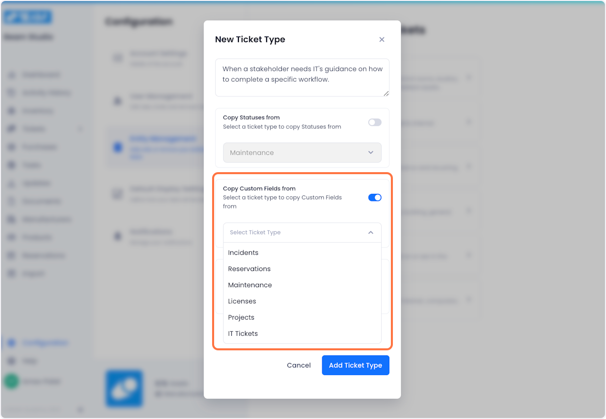If you want to save time and copy Custom Fields for your new ticket type from an existing status in your workspace, toggle Copy Custom Fields from from on and select the type you want to copy from the dropdown.