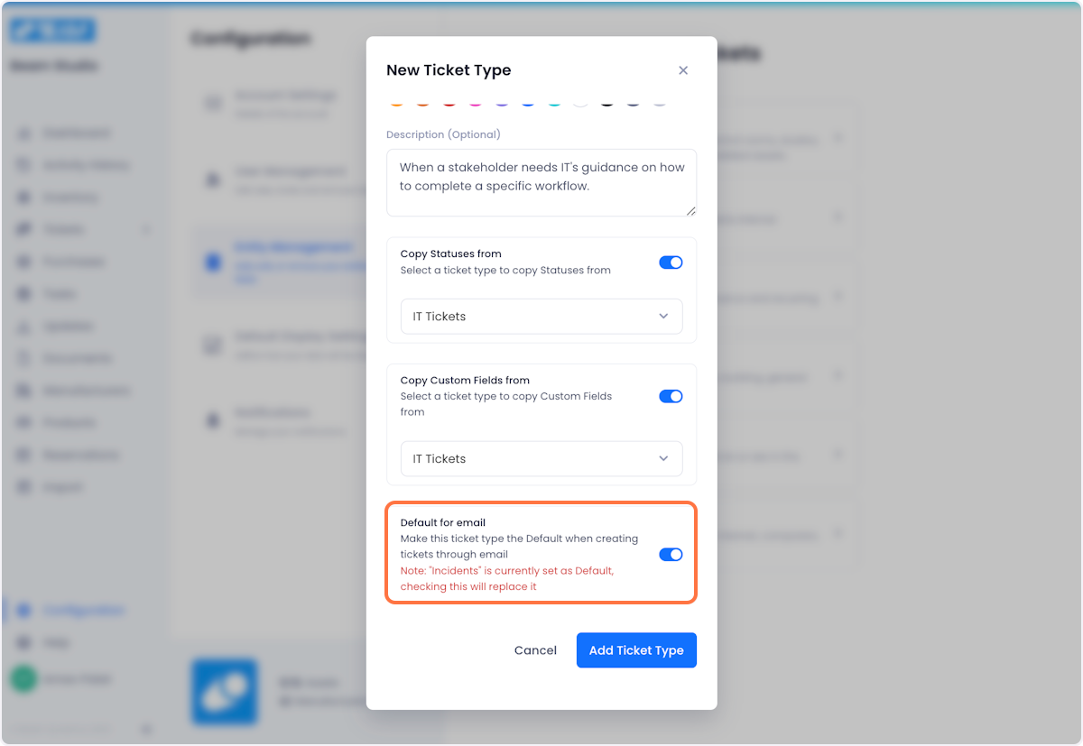 When users create tickets by email, they don't have a way to define the ticket type within the email. This is why, we let you configure which ticket type will be automatically applied to any new email tickets.