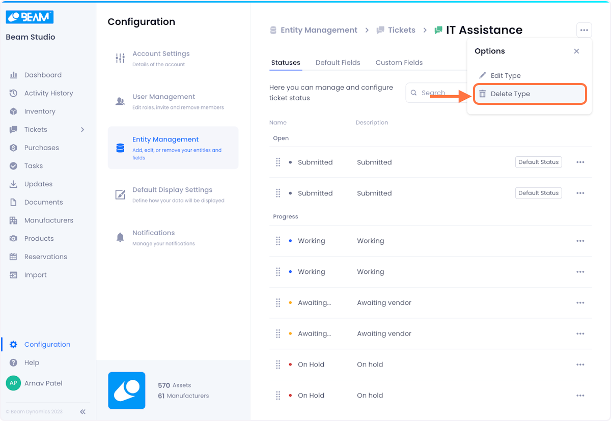 In the overflow menu at the top right of the page, click on Delete Type.