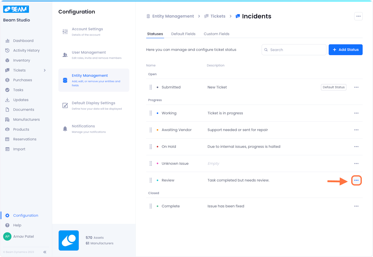 Click on the overflow menu next to the status that you want to edit.