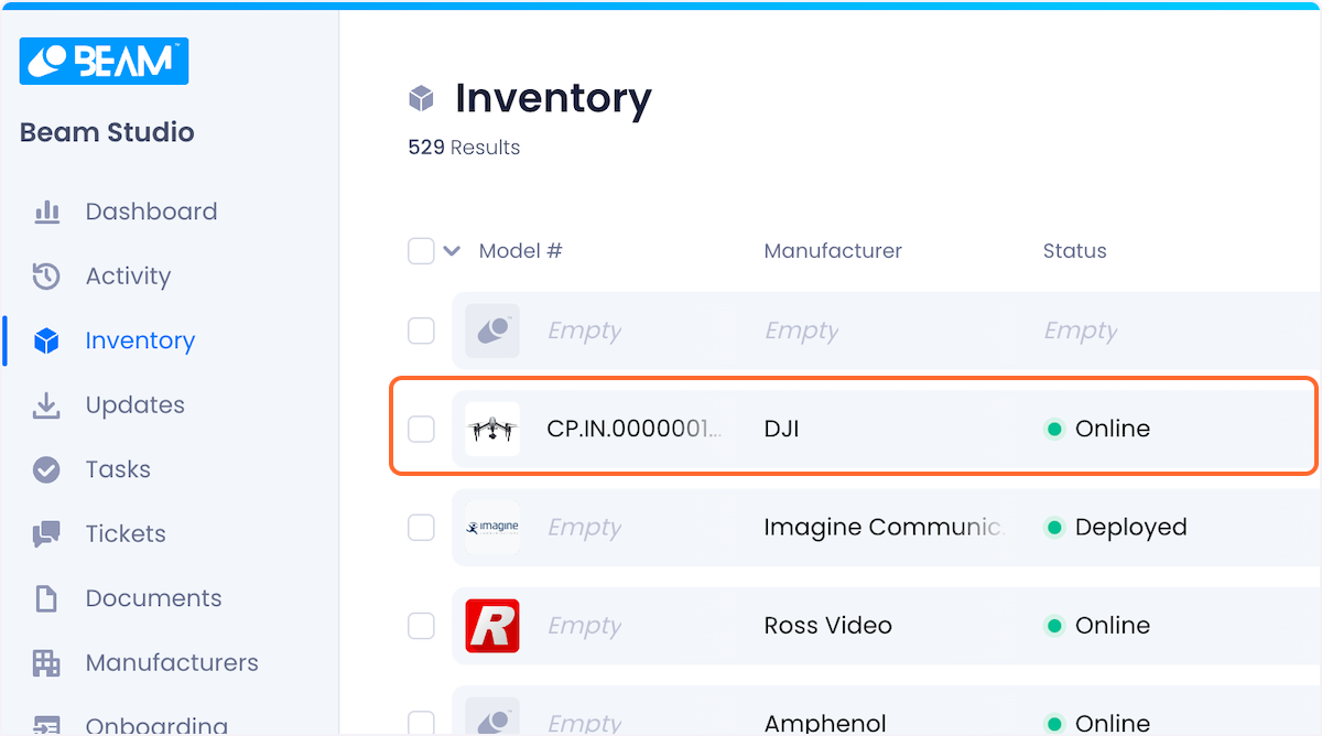 Second asset (a DJI drone with model number CP.IN.0000001) is highlighted in the inventory