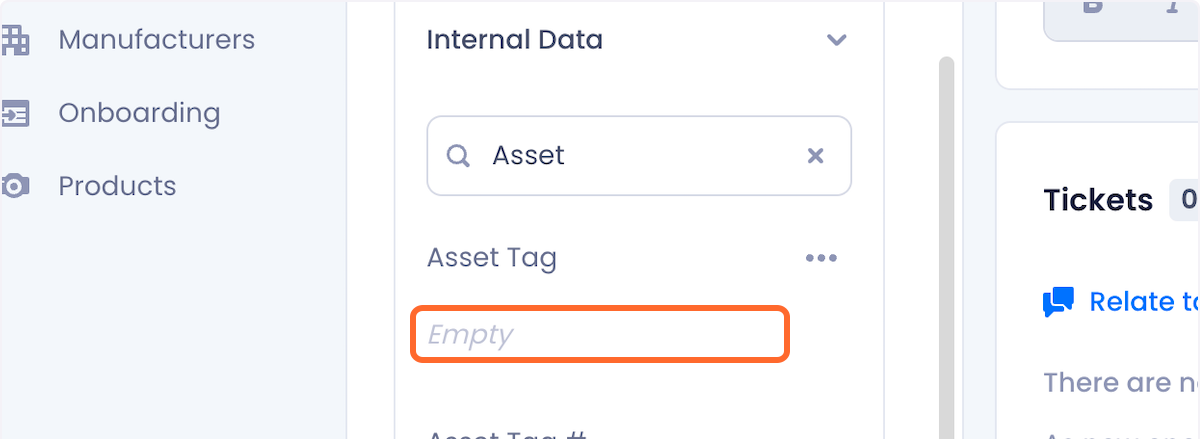 In the resulting fields, the empty field under the asset tag label is highlighted